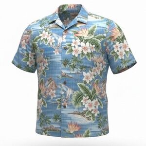 Blue Hawaii Mens XL Cotton Button Down Shirt Blue Tropical Floral Made in Hawaii